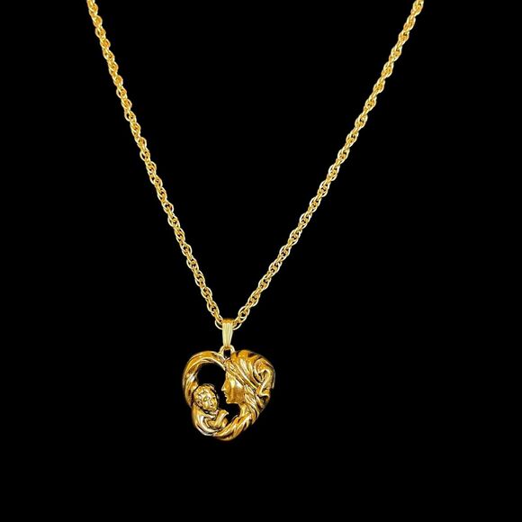 Vintage 1994 Mother & Child Baby Heart Pendant Necklace Gold Tone Signed 21” - Picture 2 of 6